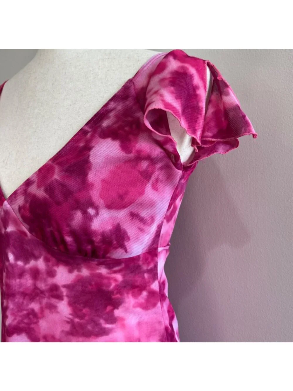 Y2K My Michelle Baby Doll Blouse Juniors M Pink Tie Dye Sheer Flutter Sleeve - Picture 2 of 6